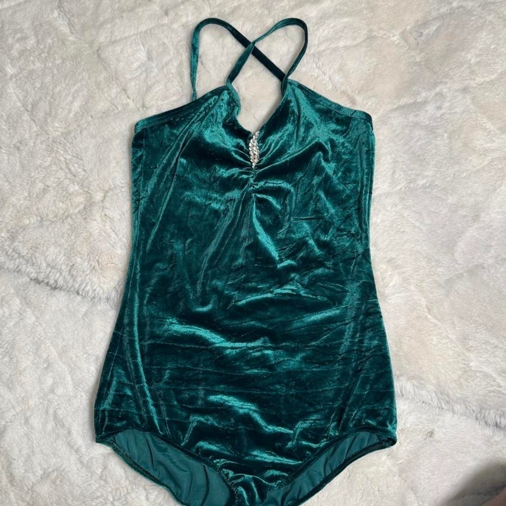 Emerald Green Velvet Bodysuit Criss Cross Straps Rhinestone Accent Bodysuit